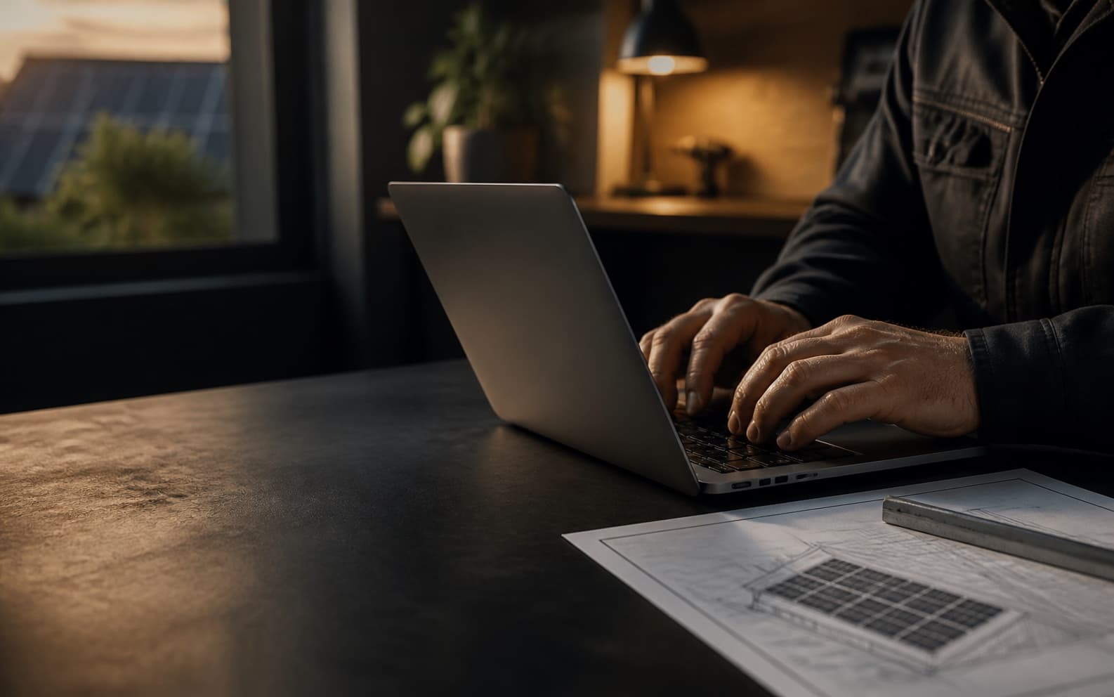 Technische Planung einer Photovoltaikanlage am Laptop