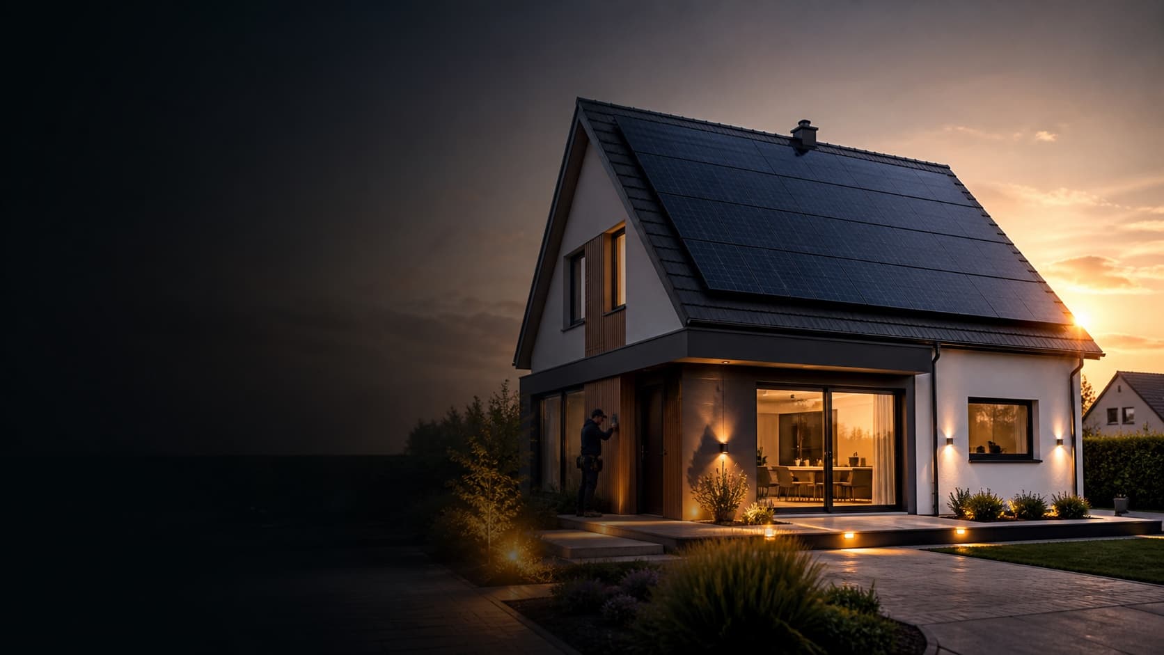 Illustrative Ansicht eines fertiggestellten Hauses mit Photovoltaikanlage