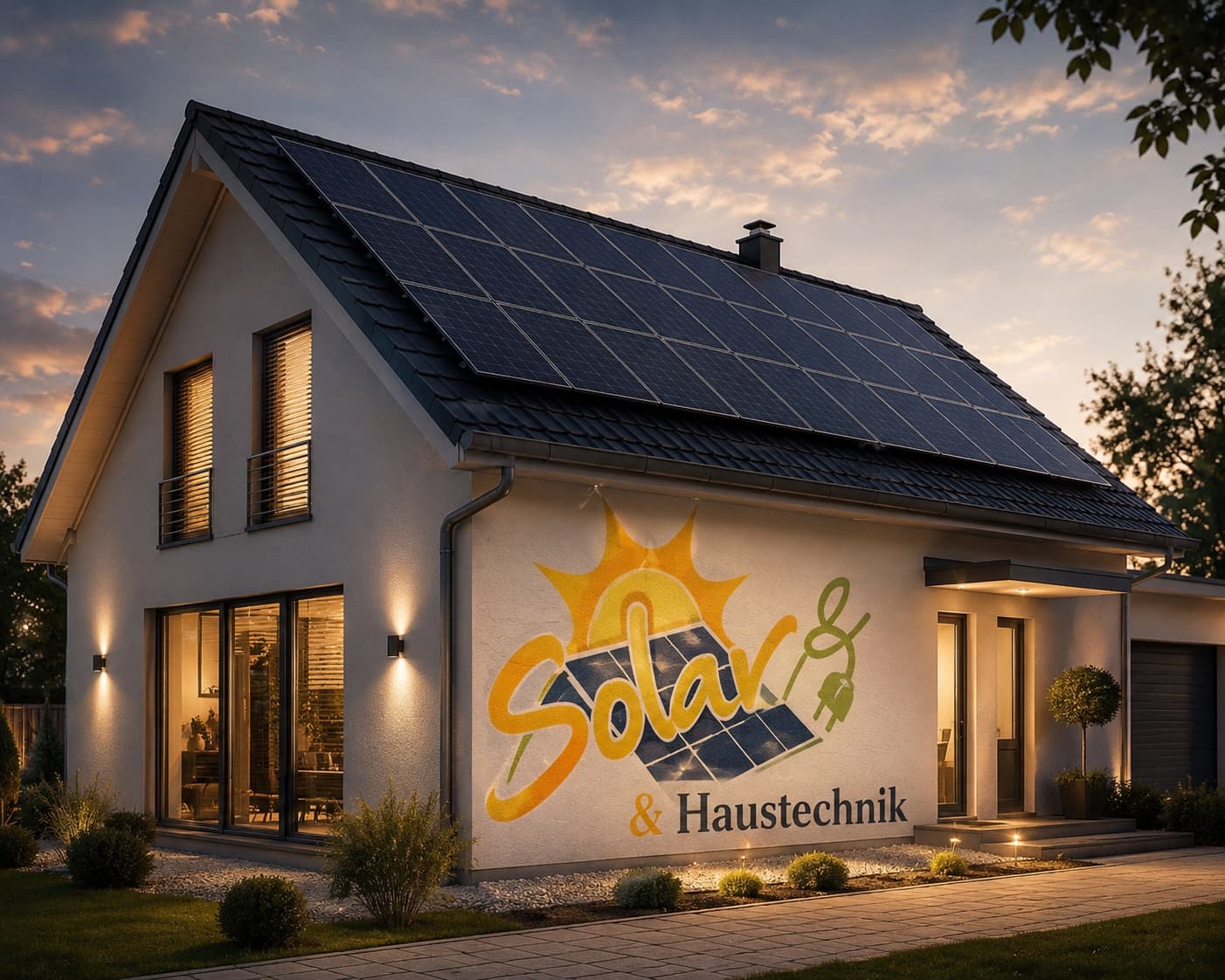 Modernes Einfamilienhaus mit Photovoltaikanlage und Solar-&-Haustechnik-Wandgrafik