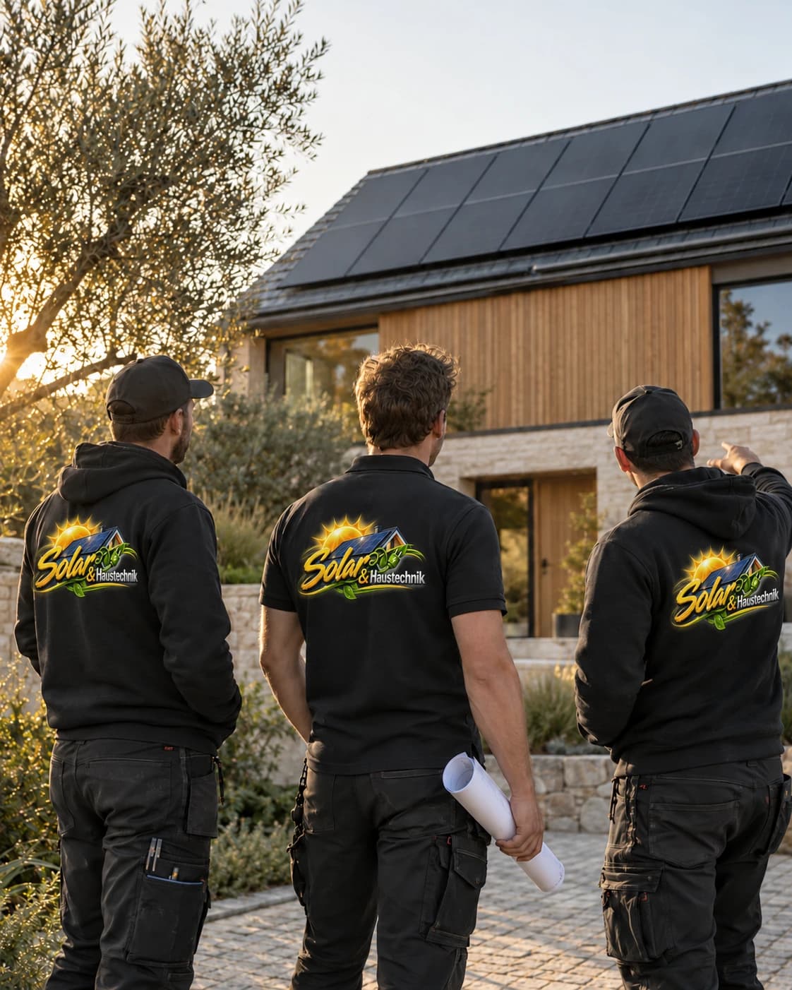 Illustrative Darstellung eines Solartechnik-Teams bei einem Projekt